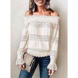 White Embroidered Crochet Lace Off Cold Shoulder Long Sleeve Top Blouse‎